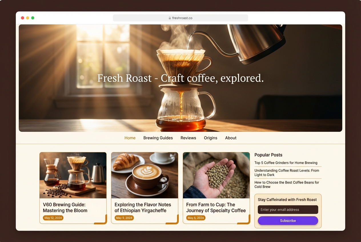 Example blog website called Fresh Roast dot co desktop view