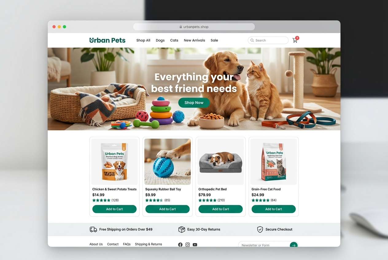 Example e-commerce website called Urban Pets dot shop desktop view