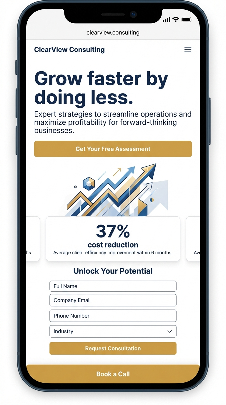 Example lead generation website called Clearview dot consulting mobile view