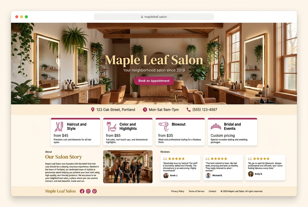 Example local business website called Maple Leaf dot salon desktop view